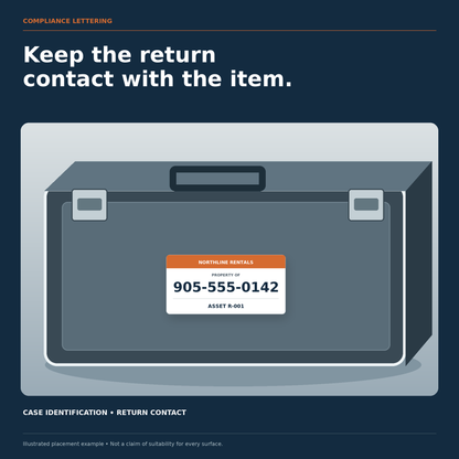 Illustrated case context showing the return contact label on a smooth panel.