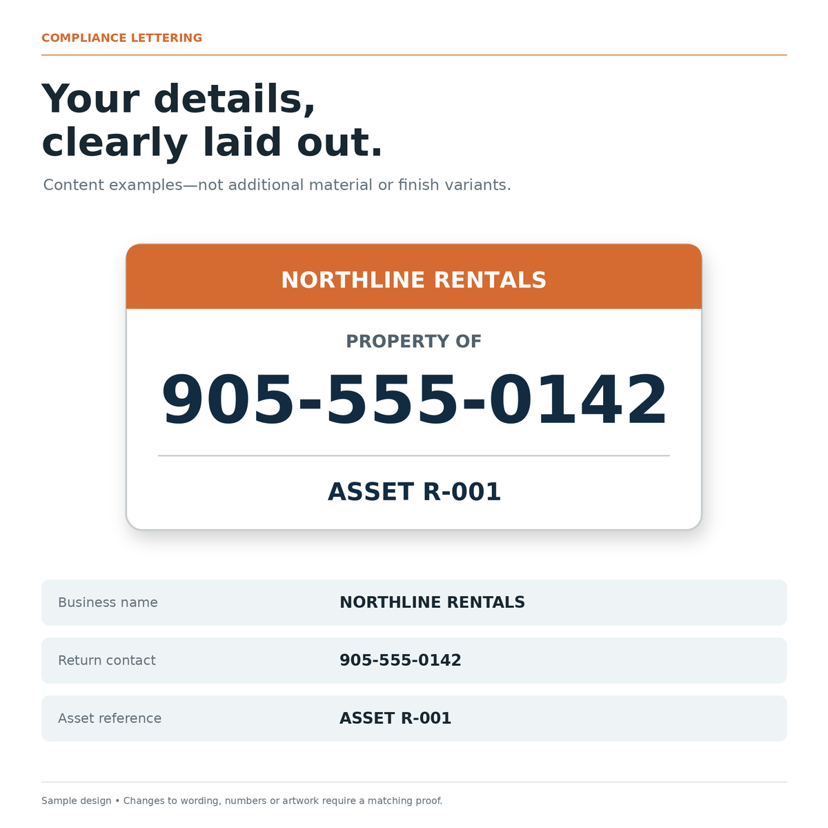 Sample label showing the customizable heading, return contact and supporting line.