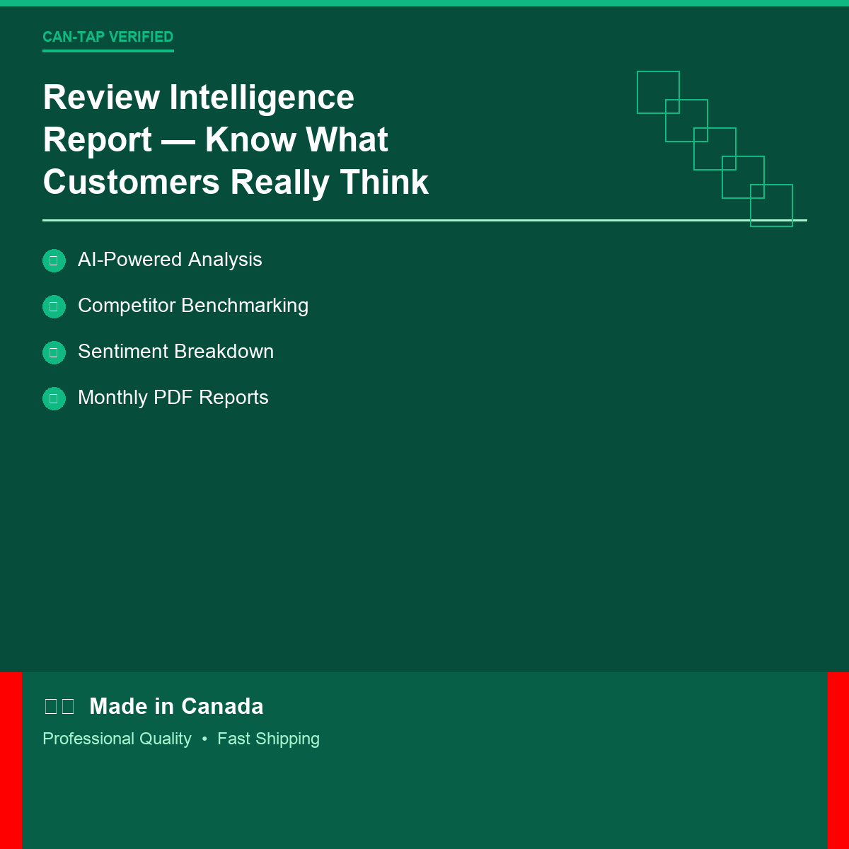 Review Intelligence Report features and specifications — professional quality Canadian product