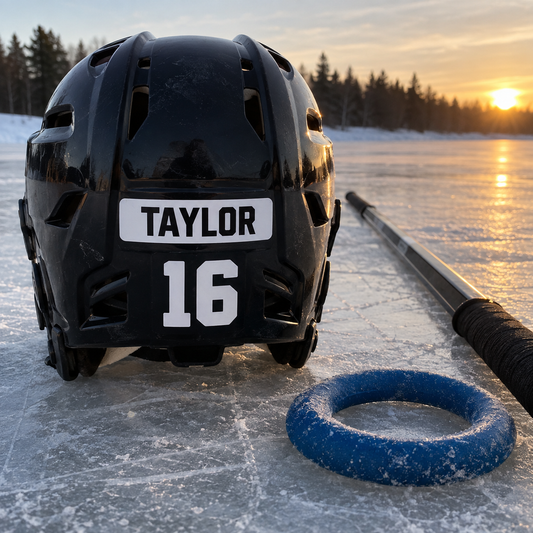 Taylor name and number 16 stickers on a ringette helmet beside a ring and stick on ice.