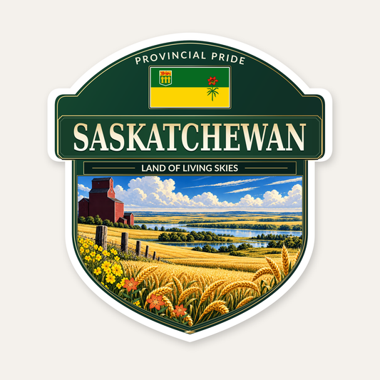 Saskatchewan badge decal, shield design with the Saskatchewan flag panel
