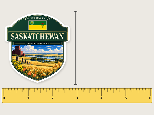 Saskatchewan badge decal, 3 in size beside a 6 in ruler