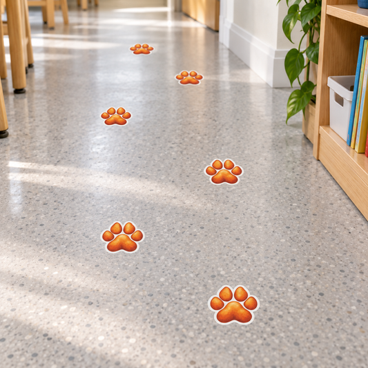 Classroom floor example with paw track contour decals. Each decal is 4 x 4.01 in; packs contain 12 or 24 pieces.