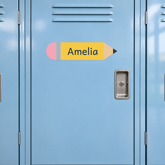 Pencil-shaped student name magnet with Amelia displayed on a classroom locker