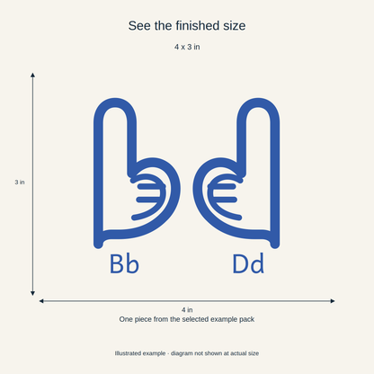 Illustrated finished-size and design examples; each panel is one configuration. Not shown at actual size.