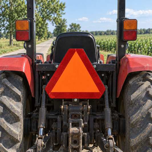 Orange and red triangular emblem on the back of a tractor on a rural road.