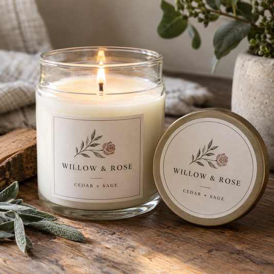 Glass candle jar and lid with Willow & Rose Cedar + Sage labels.