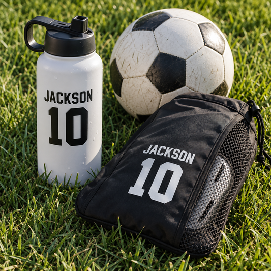 Jackson name and number 10 stickers on a water bottle and shin-guard bag beside a soccer ball.