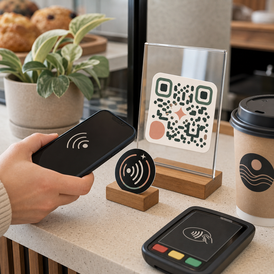 QR and NFC social stickers shown on a phone