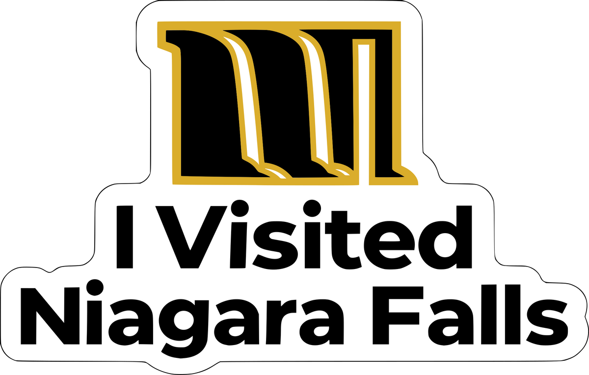 I Visited Niagara Falls fixed souvenir sticker — black artwork with gold-colour accents on white glossy vinyl
