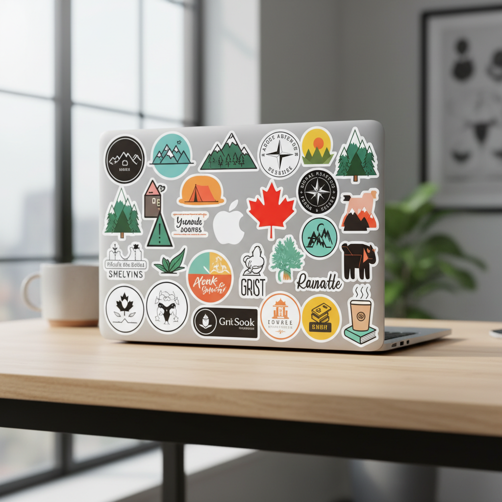 Custom printed vinyl stickers on a laptop