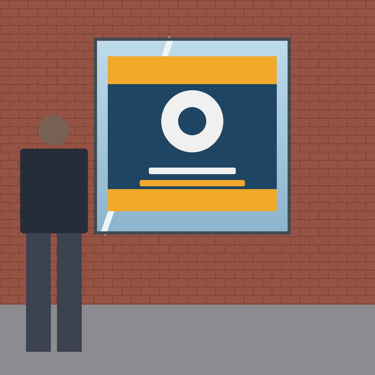 Window graphic on a shop front beside a standing adult for scale