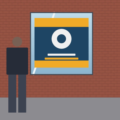 Window graphic on a shop front beside a standing adult for scale