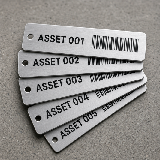 Asset tags with barcode options, durable vinyl, printed in Canada
