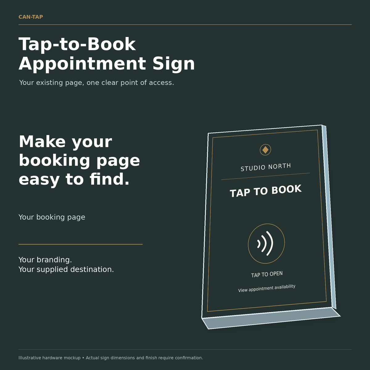 Illustrated CAN-TAP sign with STUDIO NORTH sample branding and tap to book wording.