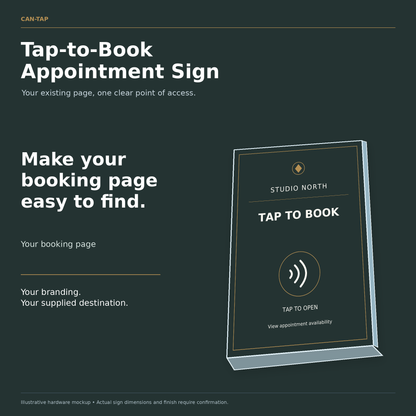 Illustrated CAN-TAP sign with STUDIO NORTH sample branding and tap to book wording.