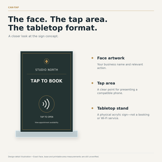 Front view of the STUDIO NORTH sample sign with face artwork, tap-area and tabletop-format callouts.