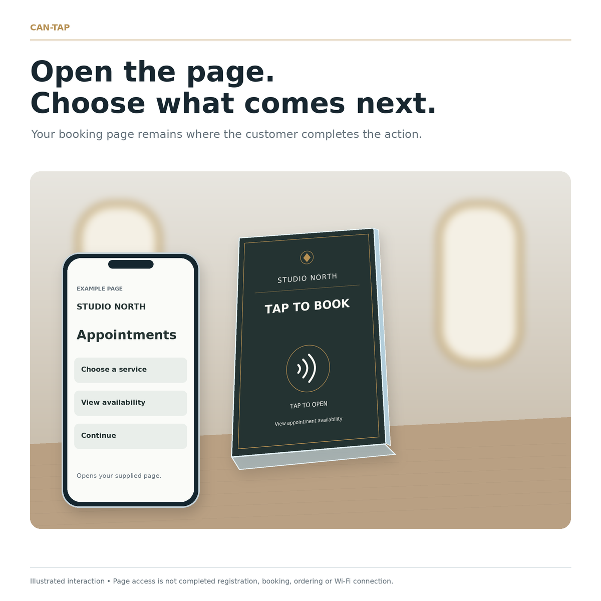 Illustrated salon counter with a sample sign and phone showing an example your booking page.