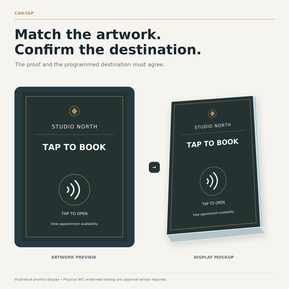 The same STUDIO NORTH face design shown in a digital preview and an illustrated acrylic stand.