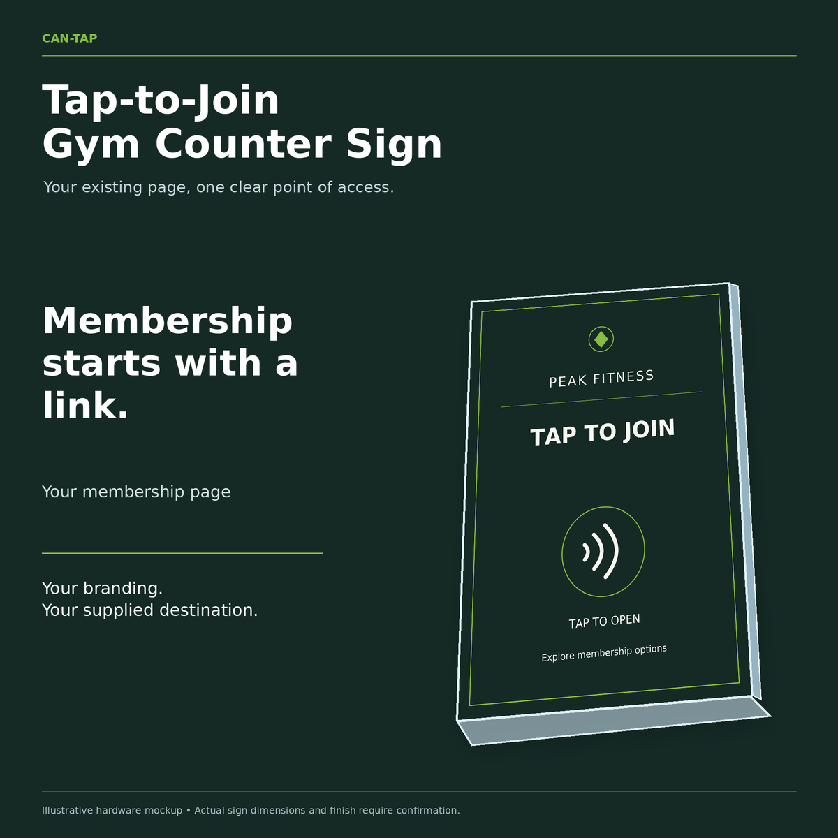 Illustrated CAN-TAP sign with PEAK FITNESS sample branding and tap to join wording.