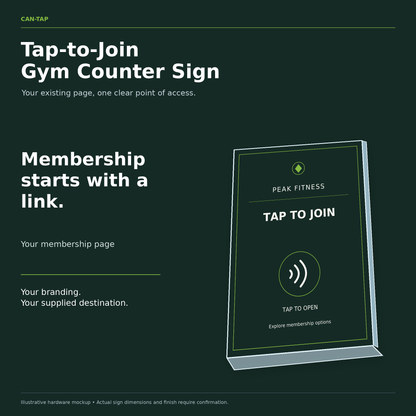 Illustrated CAN-TAP sign with PEAK FITNESS sample branding and tap to join wording.
