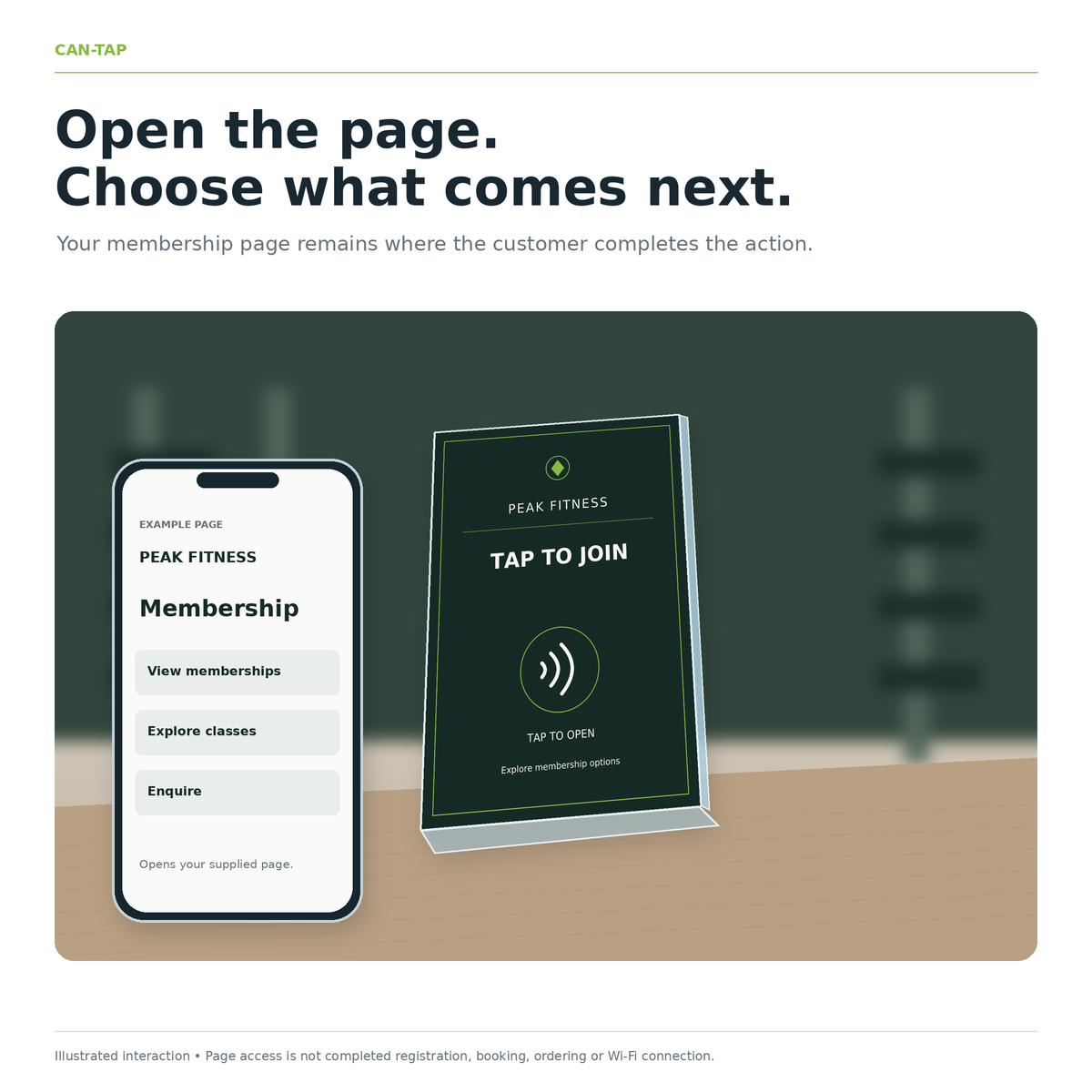 Illustrated gym counter with a sample sign and phone showing an example your membership page.