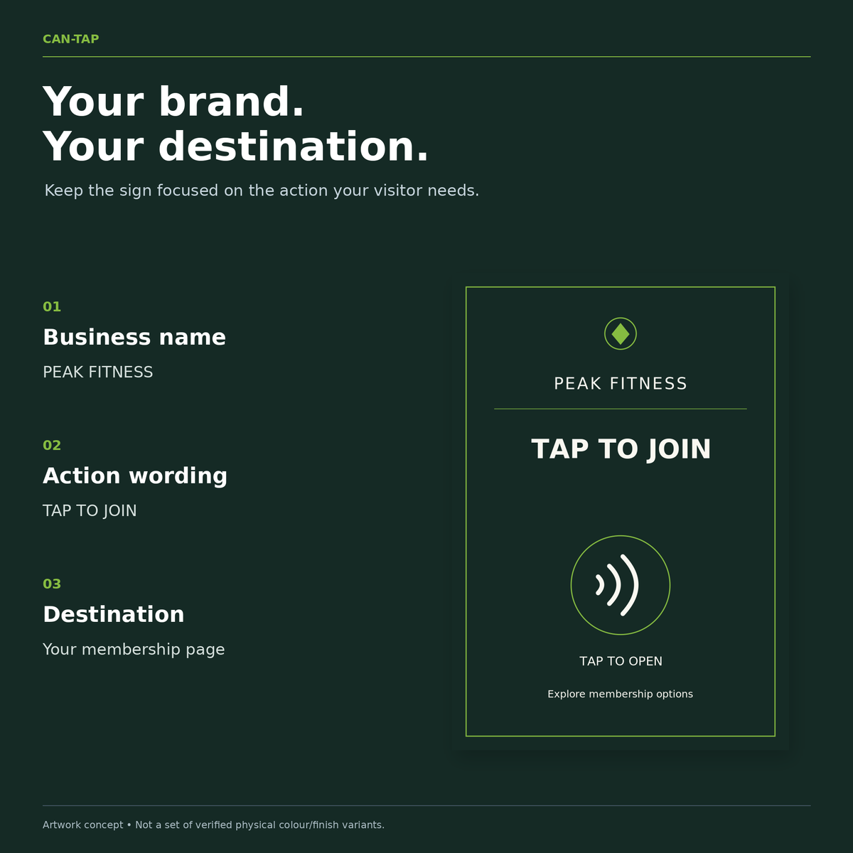 Sample PEAK FITNESS sign face with the business name, action wording and supplied page destination.
