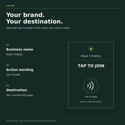 Sample PEAK FITNESS sign face with the business name, action wording and supplied page destination.