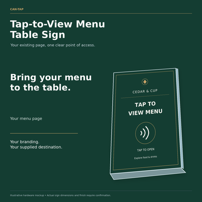 Illustrated CAN-TAP sign with CEDAR & CUP sample branding and tap to view menu wording.