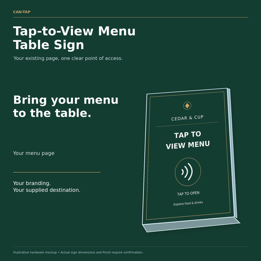Illustrated CAN-TAP sign with CEDAR & CUP sample branding and tap to view menu wording.
