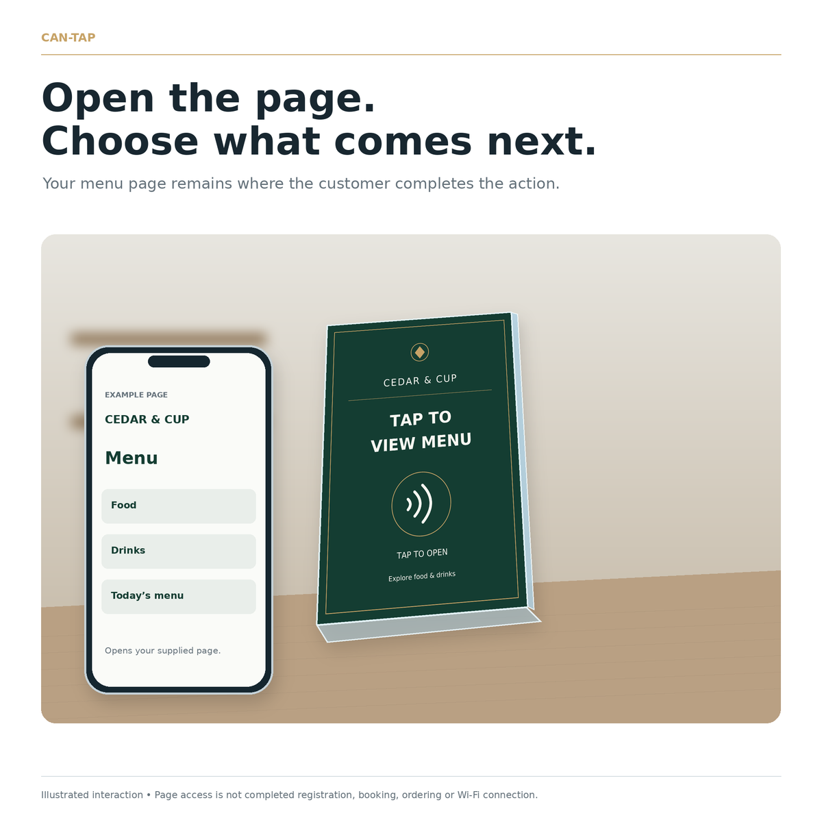Illustrated cafe counter with a sample sign and phone showing an example your menu page.