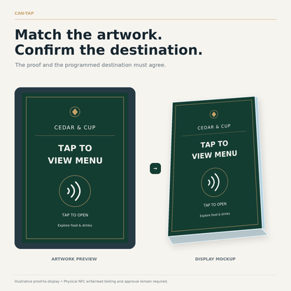 The same CEDAR & CUP face design shown in a digital preview and an illustrated acrylic stand.