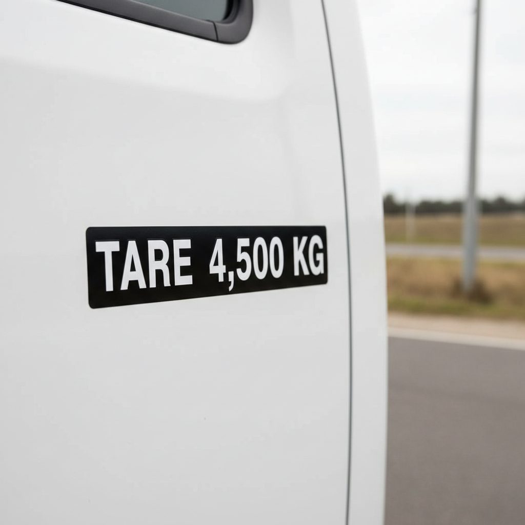 TARE weight decal applied to white commercial truck door