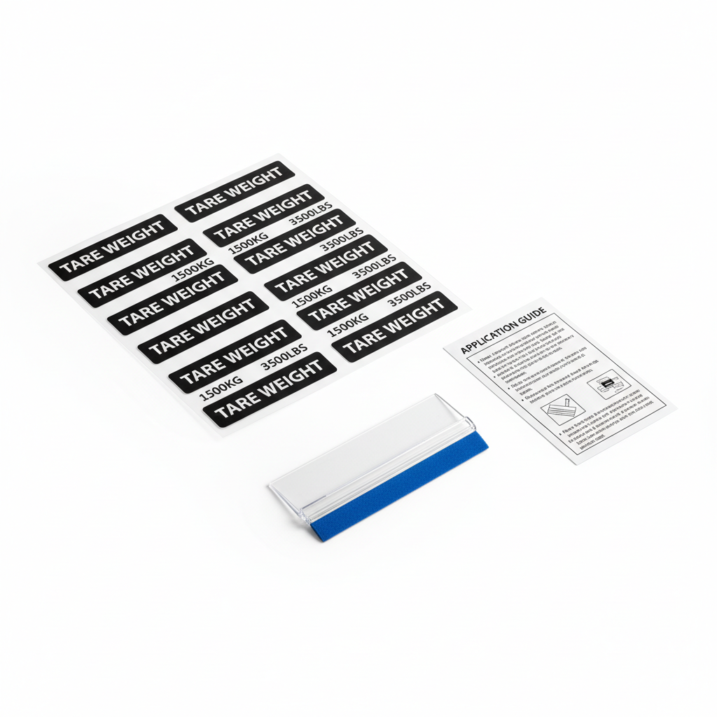 TARE weight decal kit flat lay with decal sheet, squeegee, and instructions