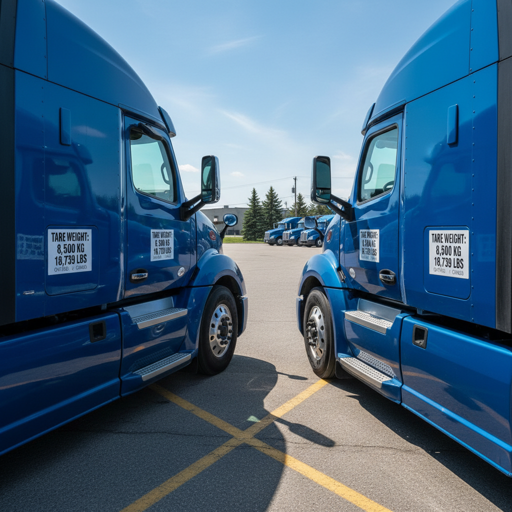 Commercial truck cab with TARE weight decals visible on both doors