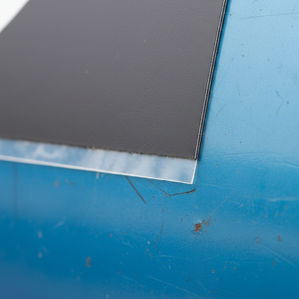 Premium outdoor vinyl detail on painted steel truck door showing adhesion quality