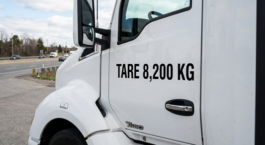 Compliance vinyl label on commercial truck — outdoor weatherproof, Ontario HTA fleet tracking