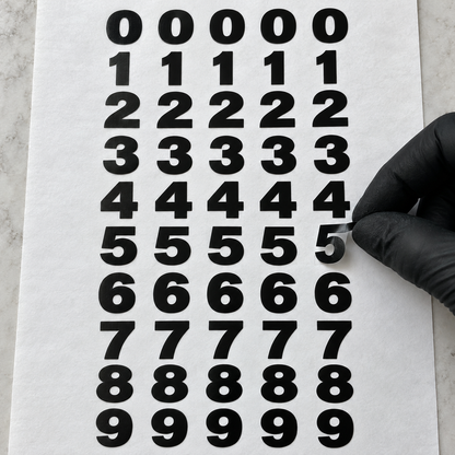 A black-gloved hand lifts one of five black vinyl 5s from white backing sheets arranged in ten rows of five identical digits, from 0 through 9.