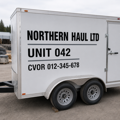 Commercial trailer identification lettering in cut black vinyl reading NORTHERN HAUL LTD, UNIT 042, and CVOR 012-345-678 on the side of a white enclosed utility trailer in an Ontario yard