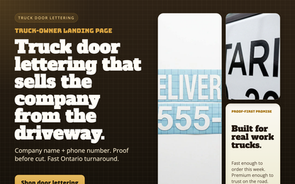 Truck door lettering layout showing business name and service details