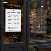 Barbershop window with a business hours decal showing days and times