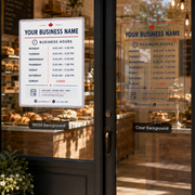 Bakery entrance window with a printed business hours decal