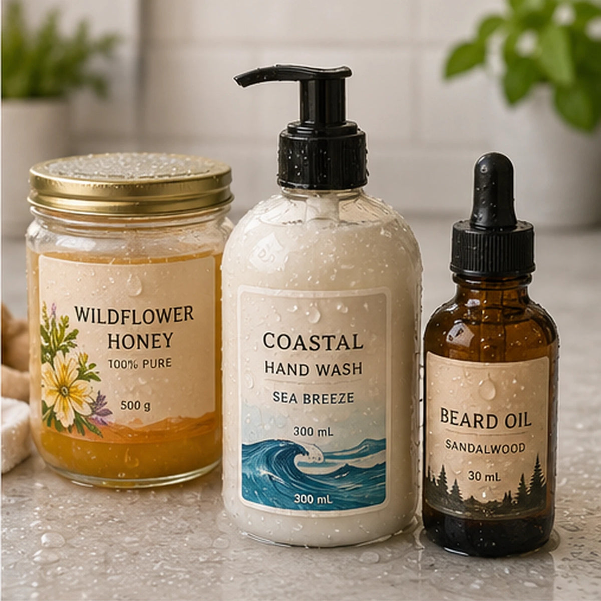 Waterproof labels applied to jars and cosmetic bottles with water droplets visible on the label surfaces.