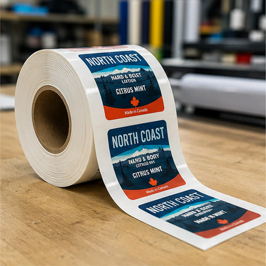 Glossy waterproof product labels supplied on a roll and partially unrolled across a clean print-workshop table.