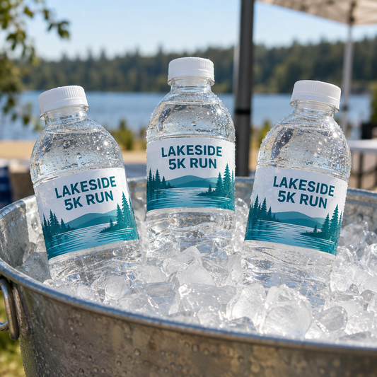 Three water bottles with teal Lakeside 5K Run labels in an ice bucket.