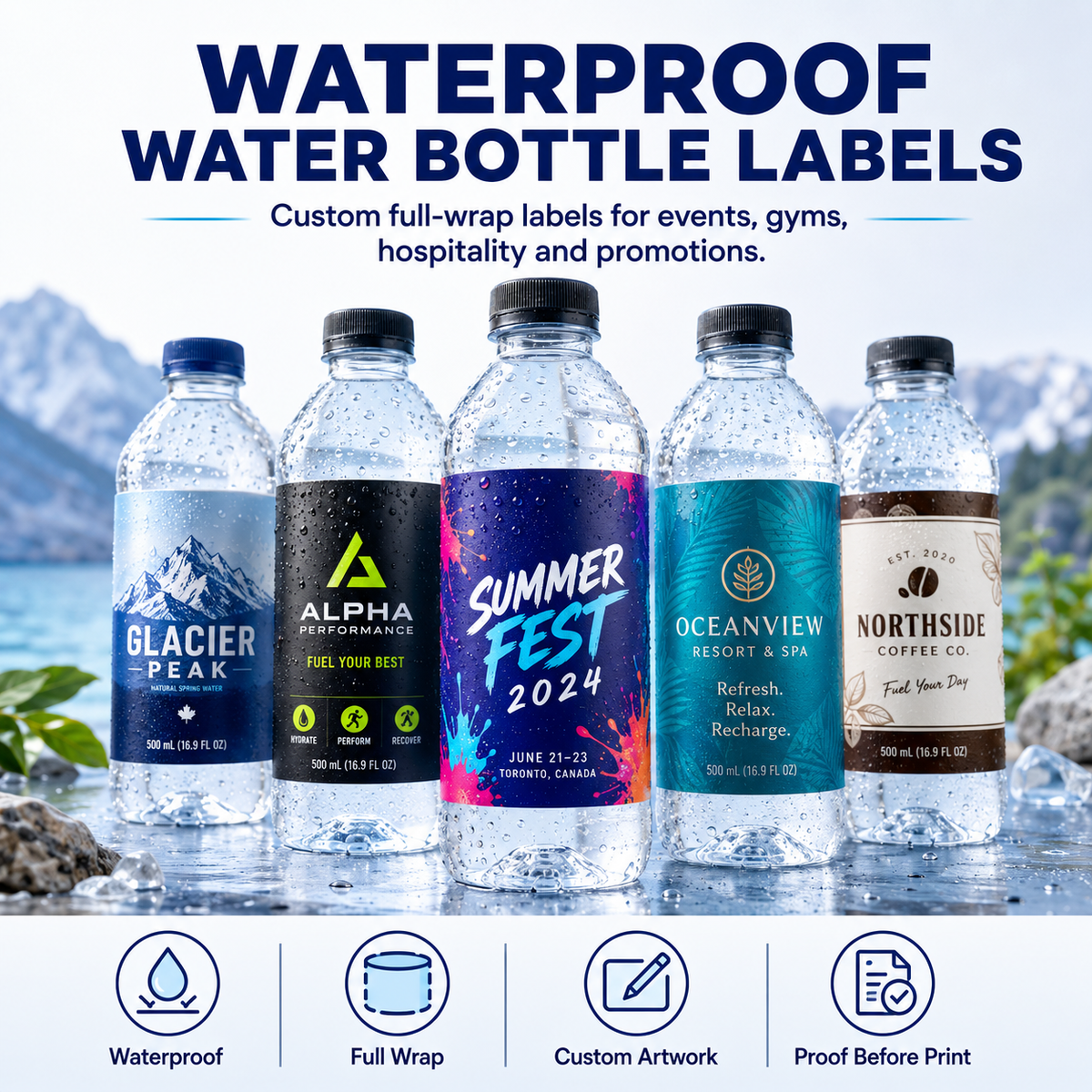 Waterproof water bottle labels — close-up of print and finish