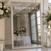 Wedding seating chart mirror with custom white vinyl table lettering