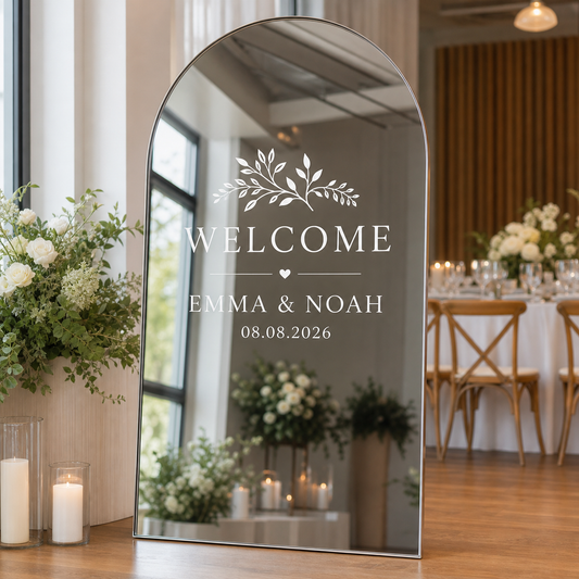 Wedding welcome mirror with custom white vinyl names and date lettering