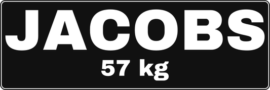 Example white printed wrestling name label: JACOBS, 57 kg; Standard 3 by 1 inches.